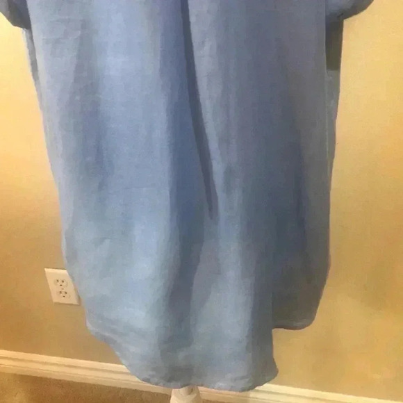 RACHEL ZOE Blue V Neck Collar Button Down 100% Linen Hi-Low Oversized Top - Picture 8 of 13